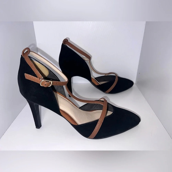 Seychelle Heritage 2 tone stretch ankle strap suede t-strap 3.5in stiletto sz8 - Picture 3 of 8